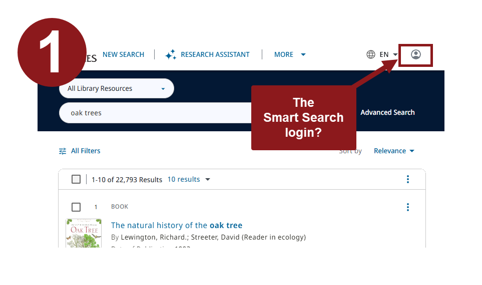 Screenshot of Smart Search with the number 1 in a red circle with a red callout that says "the Smart Search login" with a red arrow pointing to the user login area