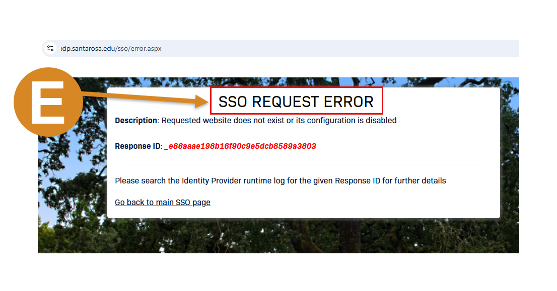 Screenshot of SRJC Portal page with the letter E in a yellow circle an arrow pointing to an error message that says "SSO Request Error"