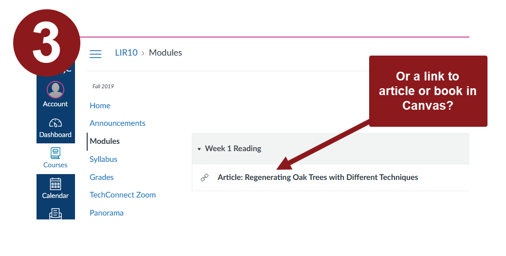 Screenshot of the A-Z database page with the number 3 in a red circle with a red callout that says "Or link to book or article in Canvas" with a red arrow pointing to a link to an article